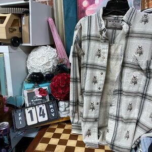 Bit & Bridle Shirt Mens Large Biege Gray Western Horses Button Up Long Sleeve